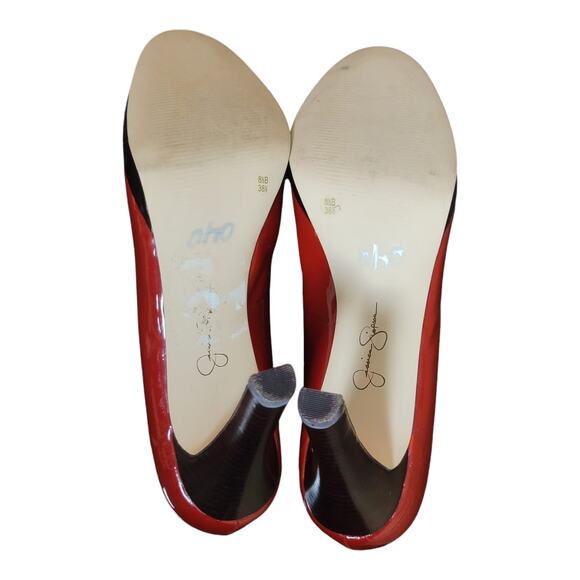 Jessica Simpson Red Patent Leather Round Toe Platform Wood Heels Stelletto Pumps - Picture 7 of 8